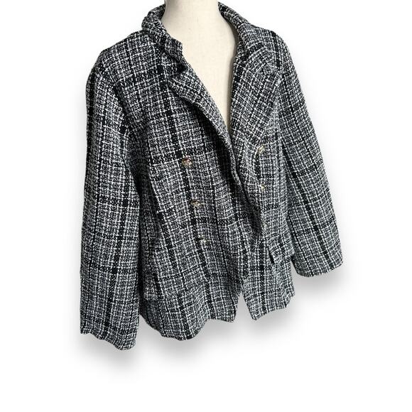 Black & White Tweed Open Front Blazer Jacket Plus Size 3XL Gold Buttons - Picture 2 of 5
